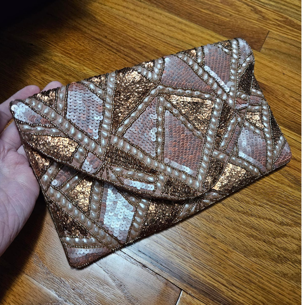 VINTAGE Shirdee Twee Coquette Retro Pink & Bronze Beaded Clutch Shoulder Bag